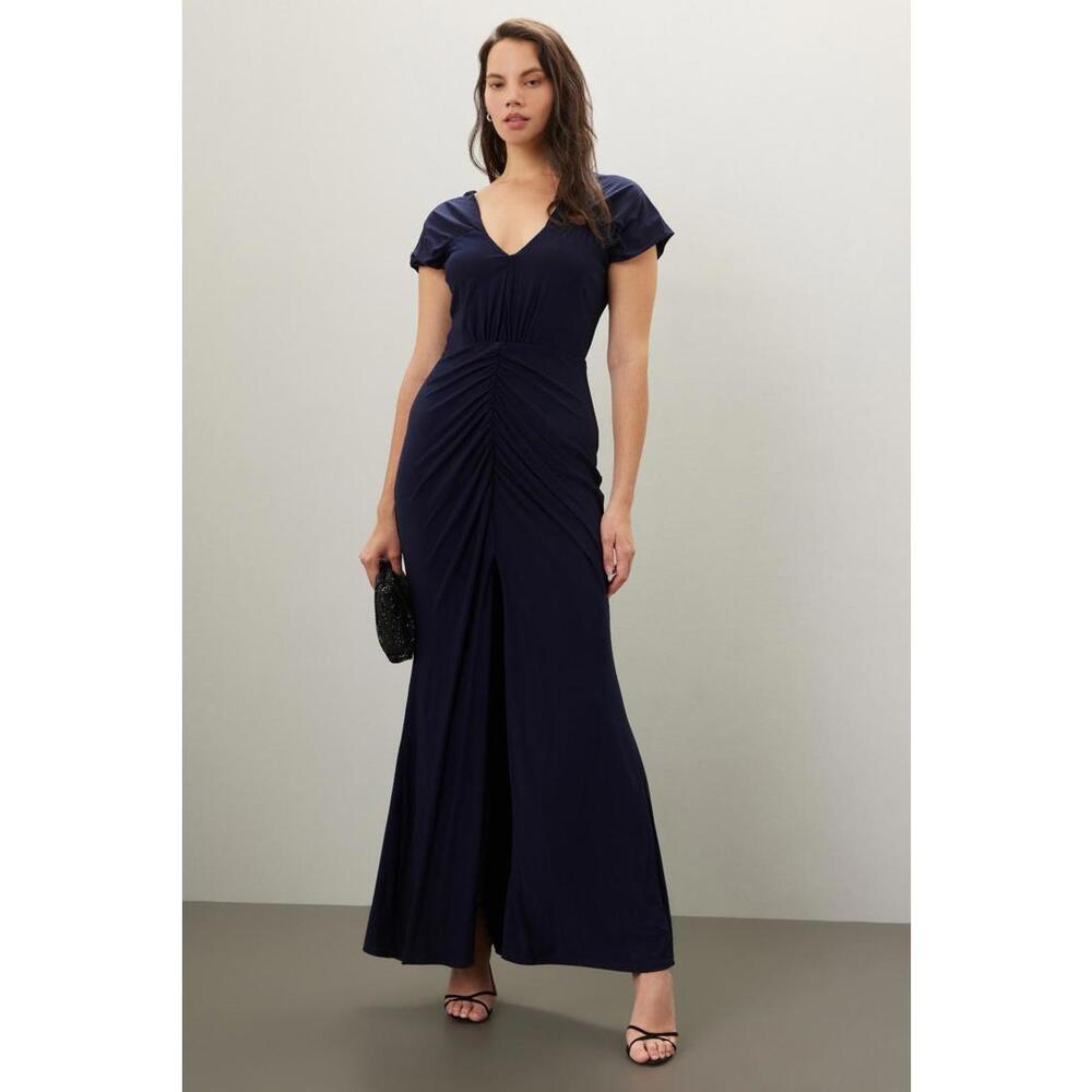 Jewel x Badgley Mischka Navy Jersey Ruched Gown Size 14 minor fabric pull